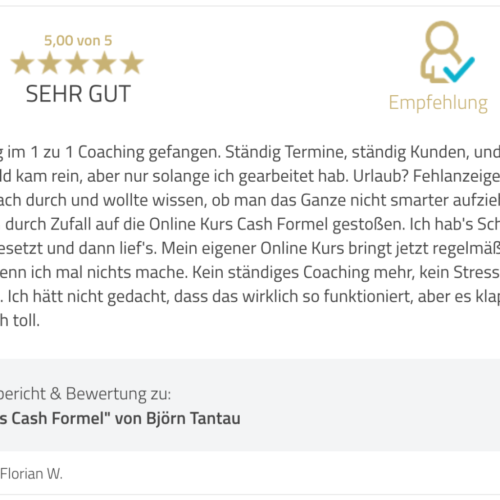 Online Kurs Cash Formel Bewertung FW