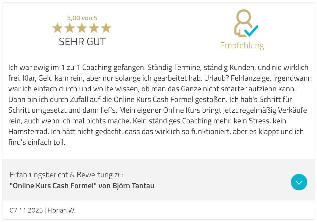 Online Kurs Cash Formel Bewertung FW