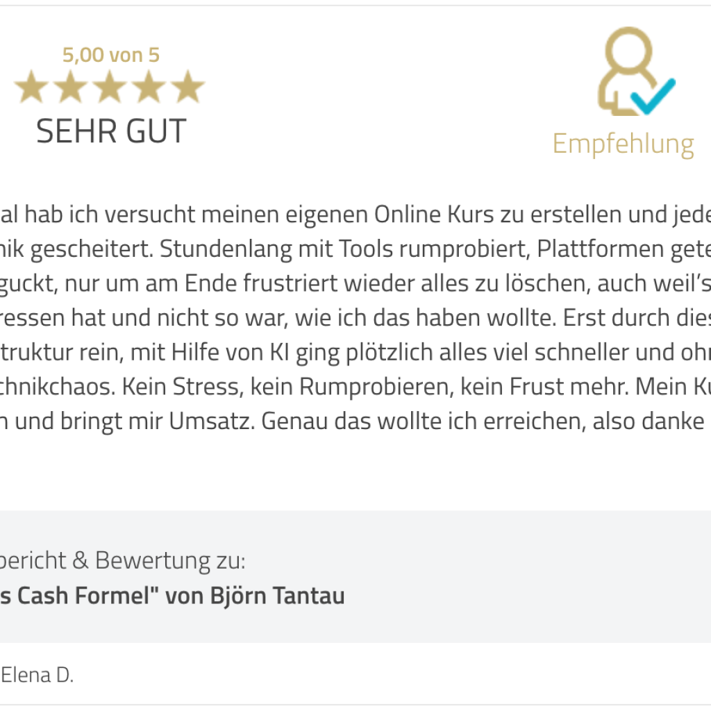 Online Kurs Cash Formel Bewertung ED